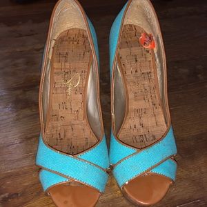 5,5 Open toe high blue wedges